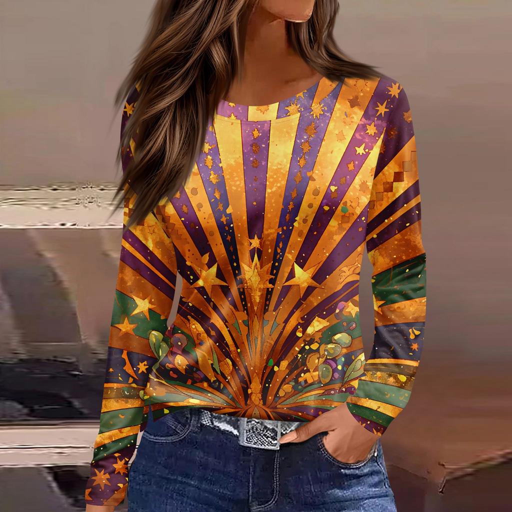 Damska modna, swobodna koszulka z rozcięciem u dołu, okrągłym dekoltem, długim rękawem i luźnym nadrukiem