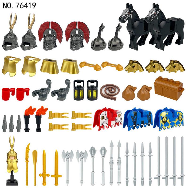Medieval Military Solider Figure Weapon Accessory Sets Building Blocks Crusader Knight Armor Warrior Shield Sword Flag Brick Toy