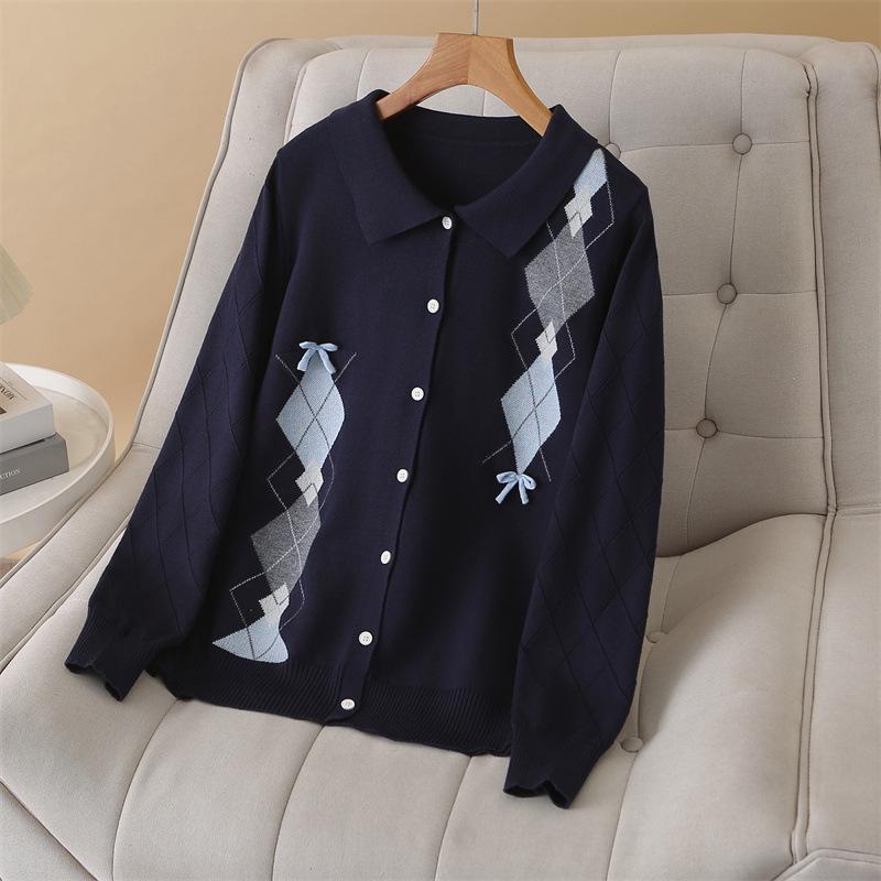 Women s Plus Size College Style Diamond Pattern Knitted Cardigan with Bowknot - Long Sleeve, Spring 2026 Collection. 3XL
