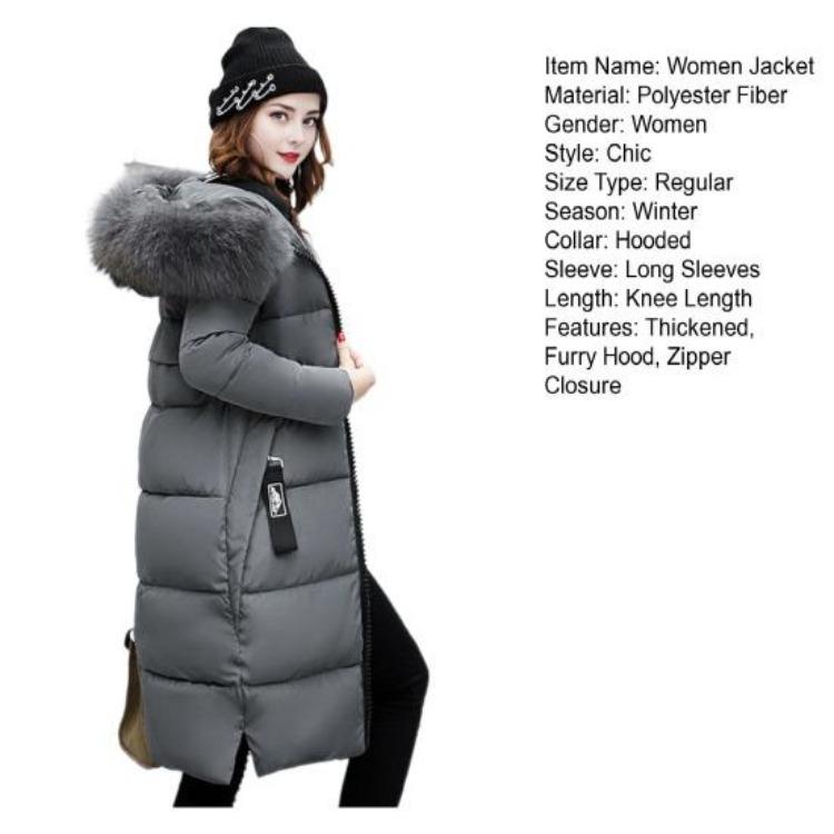 Winter Women Parka Cotton Jacket Windproof Padded Coat Zip Up Long Sleeves Furry Hood Heat Retention Knee Length Solid Color Outwear with Pockets