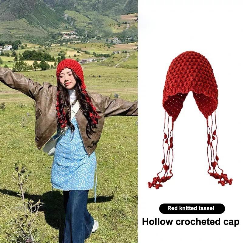 Autumn And Winter Warm Wool Hat Hand-Woven Hollow Bag Hat Women'S Ethnic Style Fringed Ear Protector Knitted Hat