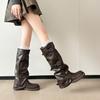Grape Mom Same Style~ Belt Buckle Square Head Folds Tall Tube Knee Knight Boots Fleece Wide Fat mm Large Size 41-43