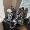 Leopard Print Canvas Shoulder Bag  Large Capacity Zipper  Versatile Fashion Bag  Soft and Simple
