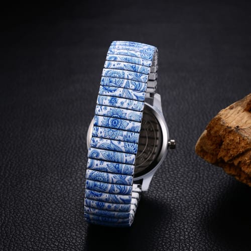 Bohemia Elastic Strap Watch: Easy-to-Read Arabic Numerals, Analog Quartz Movement, Waterproof, Stylish, Unisex, Floral Print, Elastic Strap, Blue 1