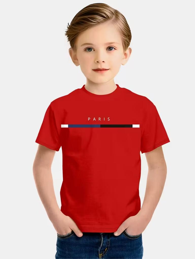 T-shirt da ragazzo Semplice Stampa Lettere Parigi Estiva Manica Corta Magliette Ampie Moda Girocollo Righe Streetwear Abbigliamento Bambini