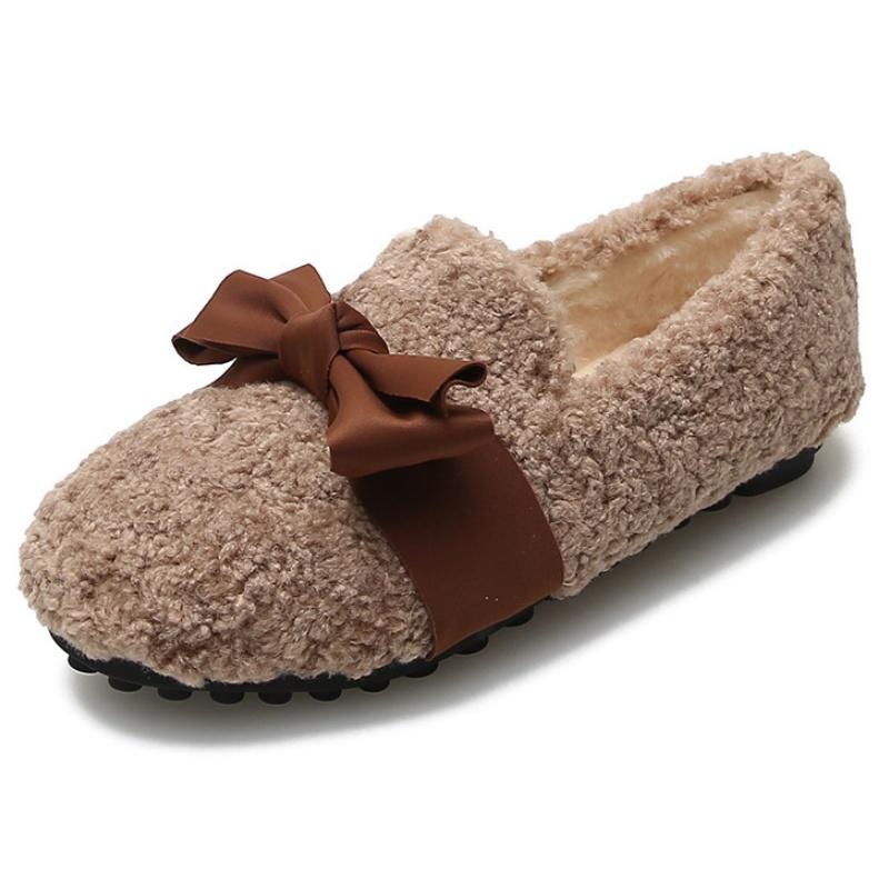 Fashion Korean Style Shallow Mouth Female Shoes 2025 Winter Fur Comfortable Loafers Casual Soft Warm Flat Shoes Bow Slip On Women Shoes