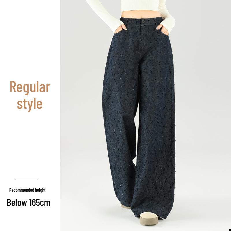 

Женские джинсы с высокой талией, жаккардовым узором «ромб», широкими штанинами - прилегающие прямые, повседневные брюки в пол M