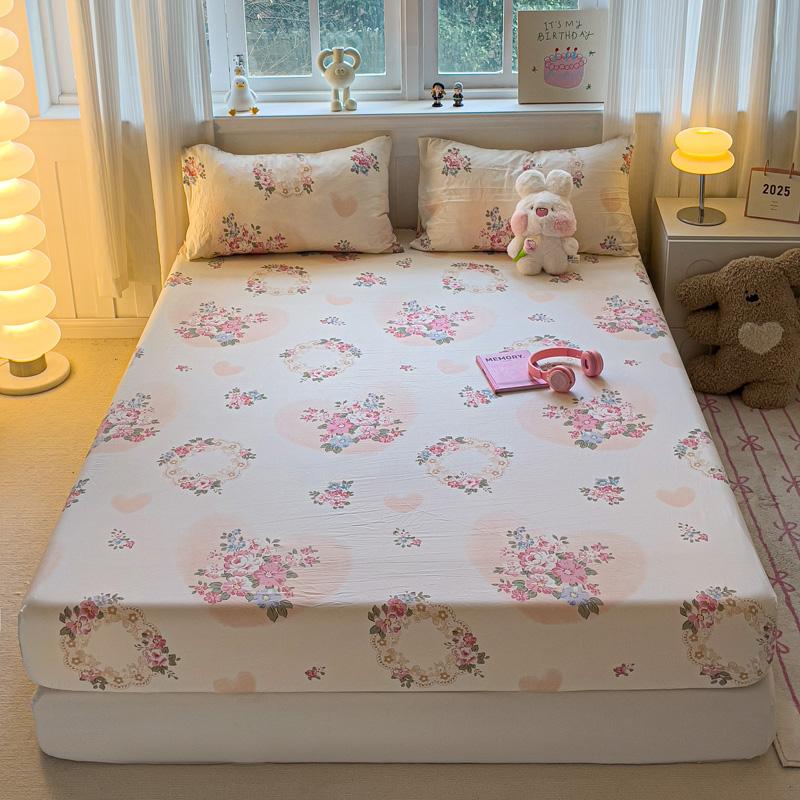 Washed Cotton Fitted Sheet with Elastic Bands Non Slip Adjustable Mattress Cover Printed  Pure Cotton  for Double King Queen