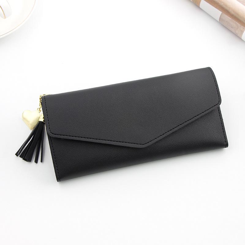 

Женский длинный кошелек в корейском стиле с кисточкой в виде сердца, застежкой и держателем для карт чёрный