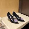 96502 high heels women's thin heels 2025 new French color matching pointed head light mouth suede temperament flower single shoes