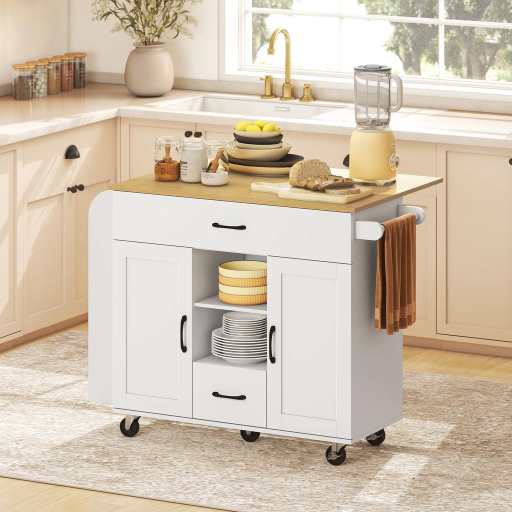 Rolling Kitchen Island, Fold-Out Worktop, Soft-Close Cabinet Doors, Drawers, Towel Holder, MDF, White