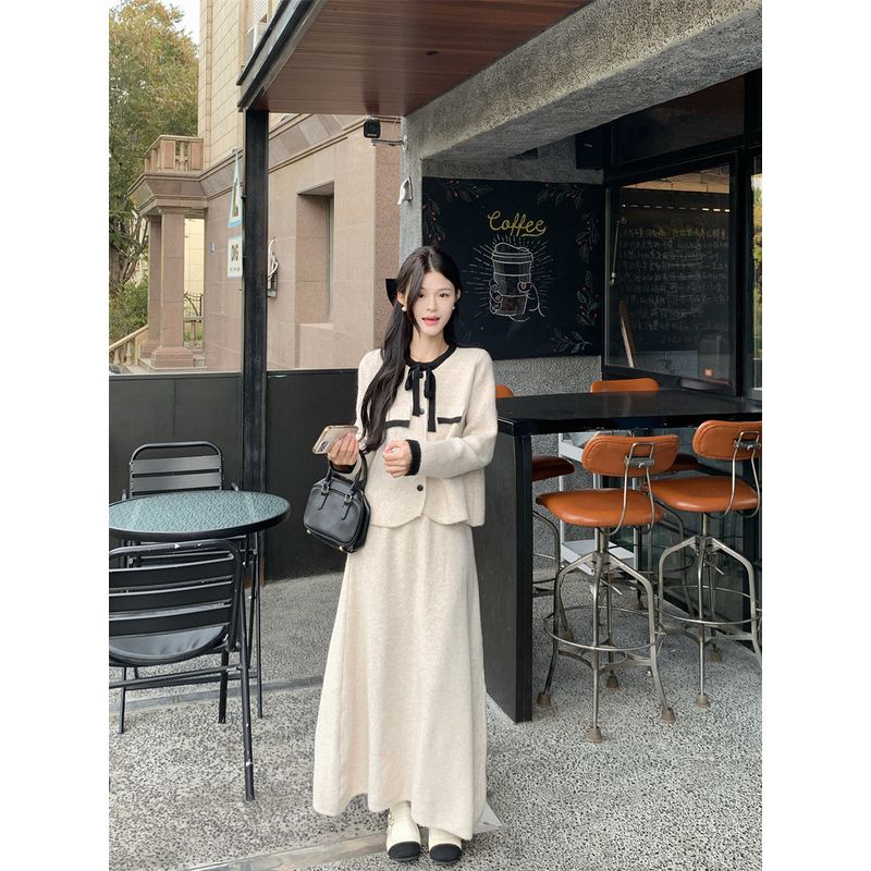 Kumikumi Sweet Style Suit Bows Contrast Color Knitwear Women's Autumn Apricot Drape Skirt Two-piece Set