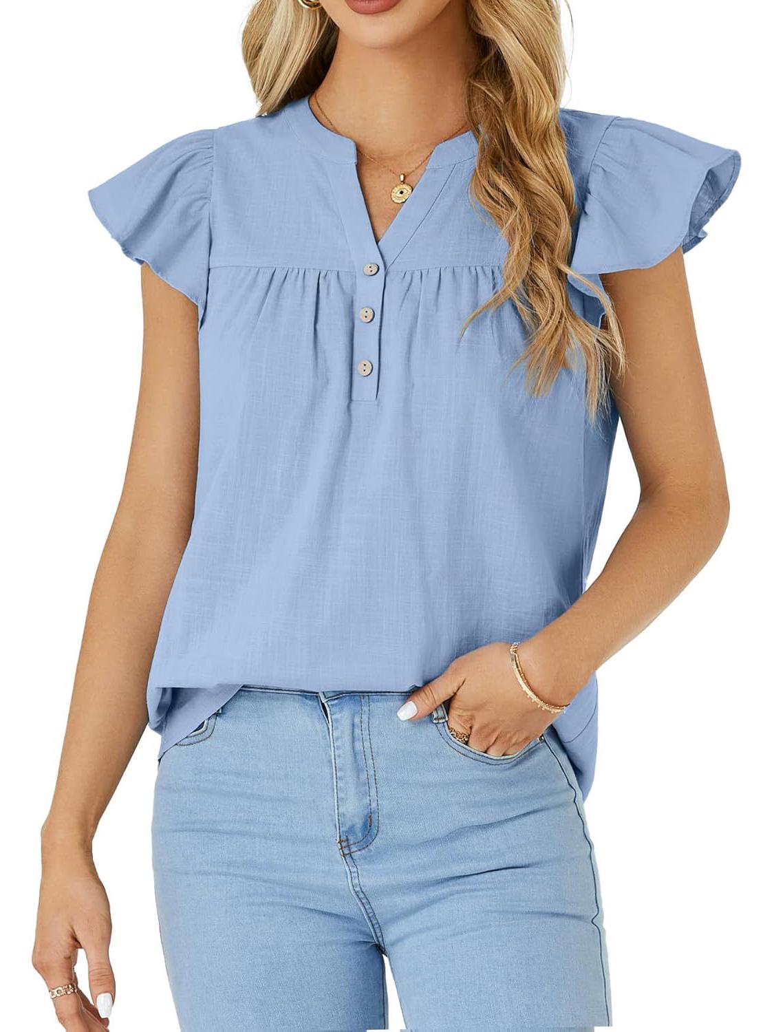 

Летняя женская однотонная футболка с V-образным вырезом и рукавами с оборками, свободного кроя, 2025 Large синий