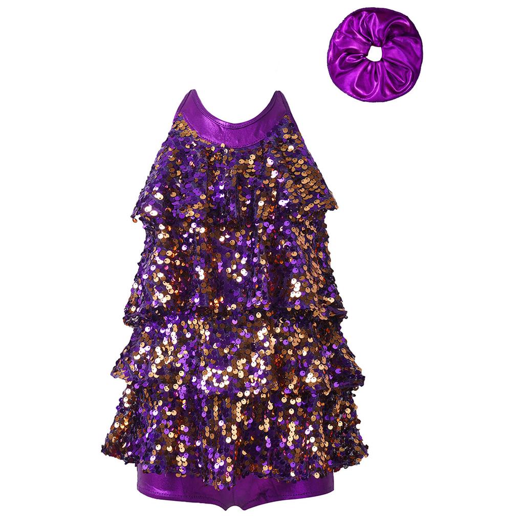 Kids Dance Leotard Halter Neck with Shiny Sequins Ruffles for Jazz Latin Performance Costume