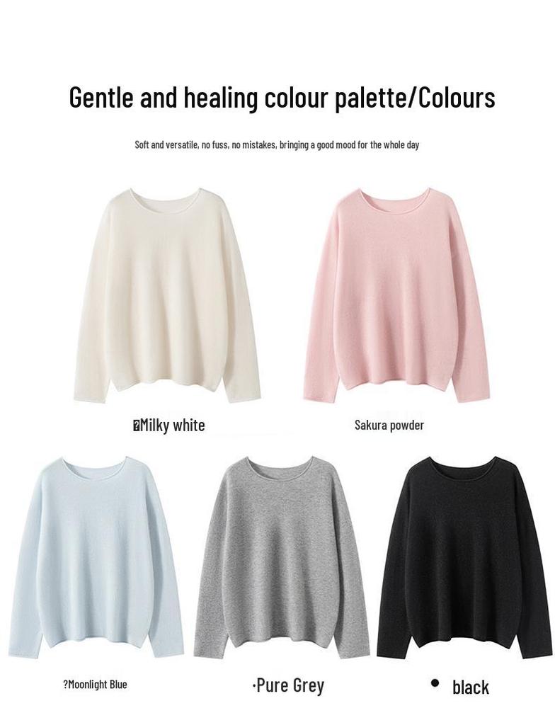 Early Autumn Lightweight Gold Thread Pure Cashmere Solid Round Neck Loose Pullover Sweater for Women
