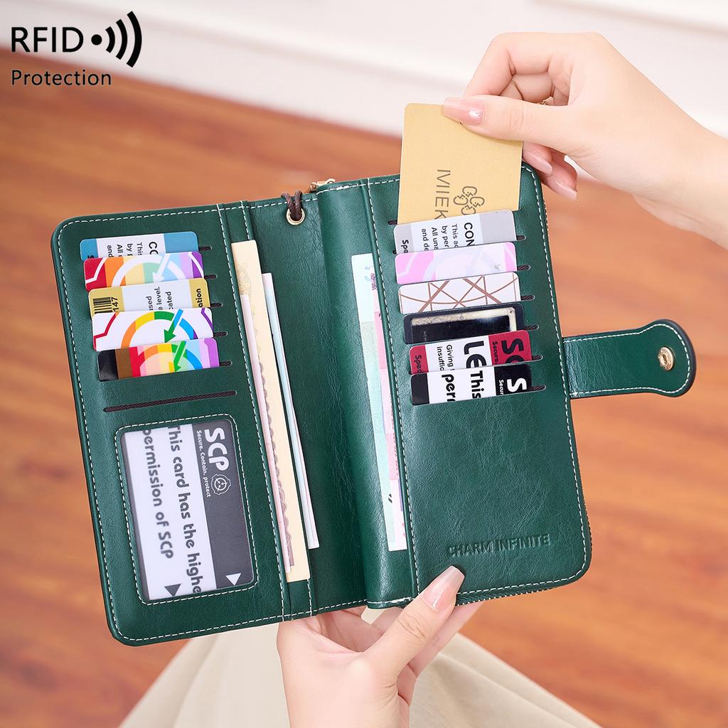 Women's Wallet RFID Anti-Theft Vintage Two Fold Large Capacity Long Wallet Zipper Buckle Multi Slot Coin Purse Card Holder PU Leather Clutch