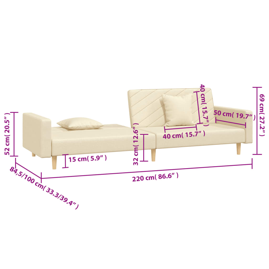 2 Seater Sleeper Sofa with 2 Cushions Cream Fabric
