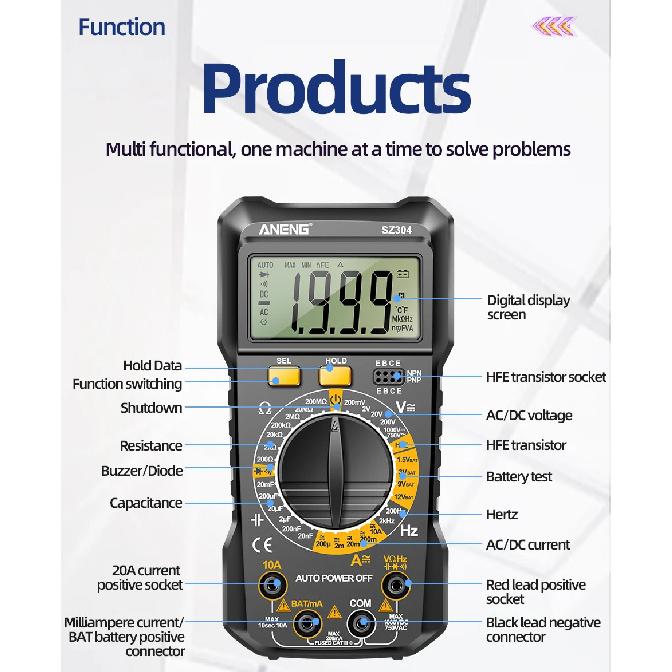 ANENG SZ304 Multimetro Digitale Multifunzione True RMS Portatile Tester ad Alta Precisione NCV Tensione Corrente AC/DC Resistenza Ohm Strumento