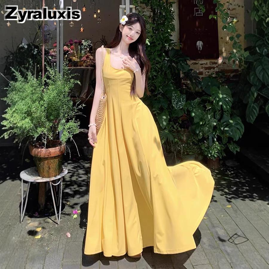 Beach Vacation Yellow Halter Dress New French Style Cute Unique Beautiful Fitted Long Sleeve Women's Summer