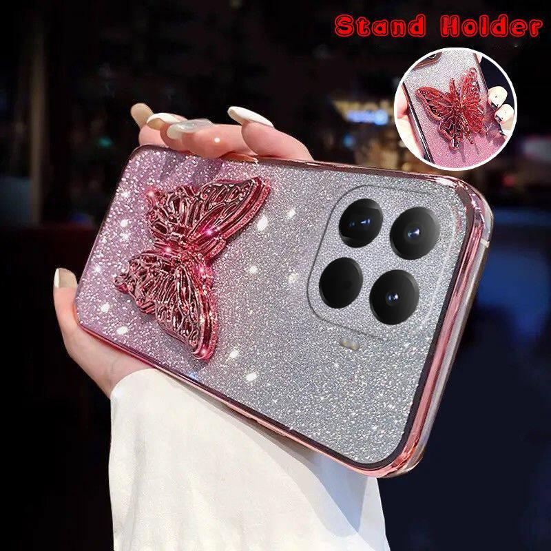 For Xiaomi 15T Pro Case with Cute Butterfly Stand Luxury Slim Gradient Clear Plating Glitter Girls for Xiaomi 15T Back Cover