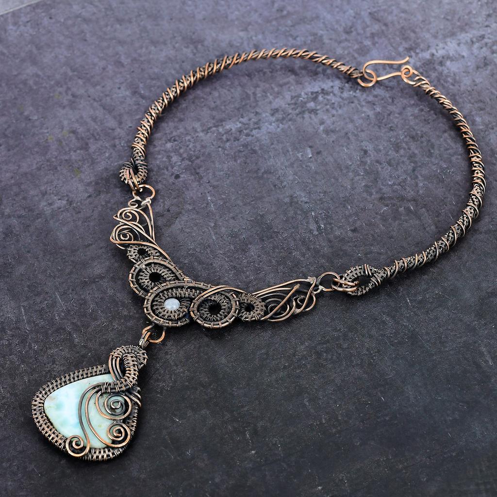 Natural Larimar, Moonstone Gemstone Copper Wire Wrap Jewelry Necklace 18" V5r71