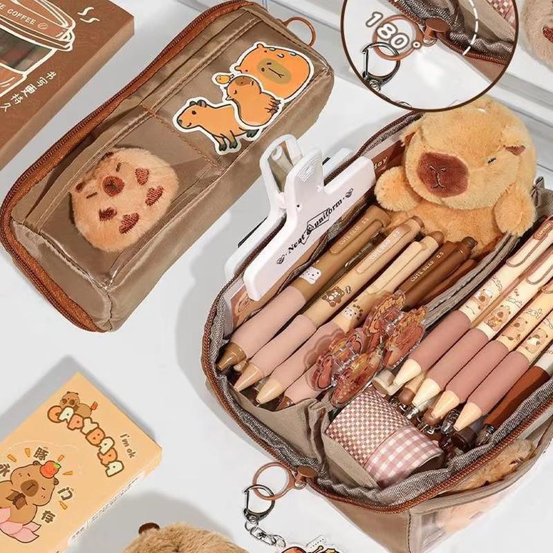 237Pcs Cute Capybara Pencil Case For Student Cartoon Anime Creative Pencil Bag High Capacity Stationery Storage Bag Pendant Pen
