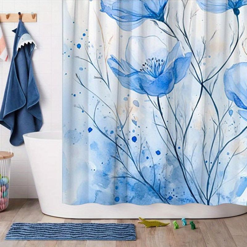 1 Stück Eleganter Blauer Blumen-Duschvorhang - Zarte Blütenblätter, Hellblauer Farbverlauf, Minimalistisches Design, Polyester, 70,8x70,8 Zoll