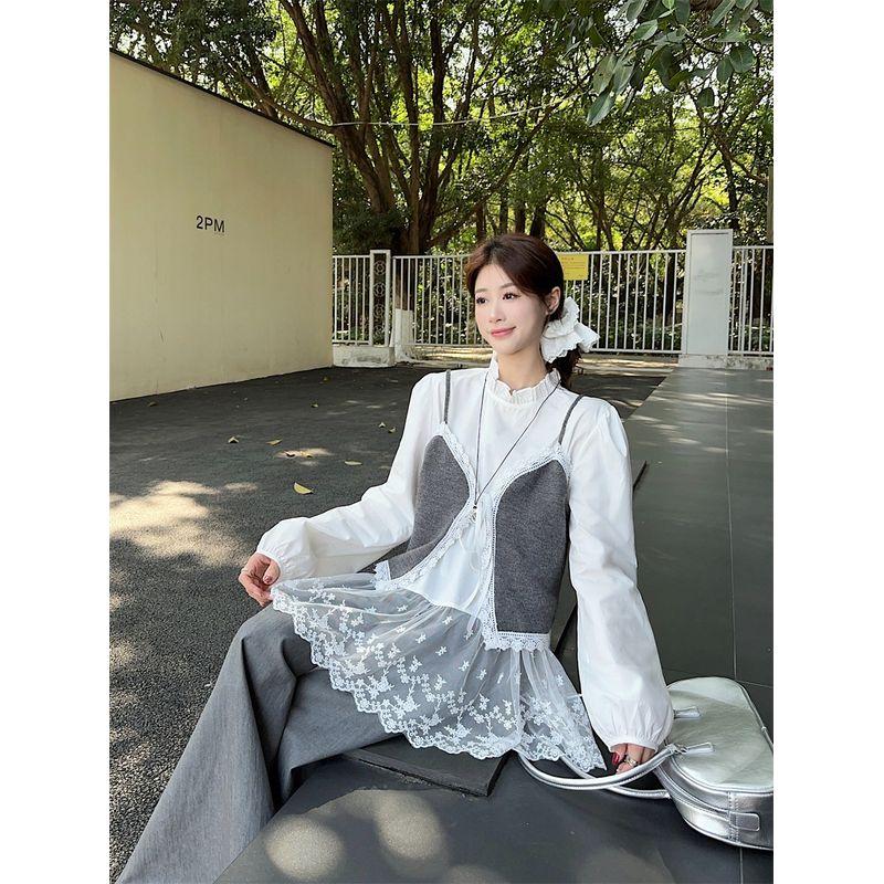 Kumikumi Design Lace Long Sleeve Shirts Stacked Vest Sling Women Autumn Loose Casual Pants Three-Piece Set
