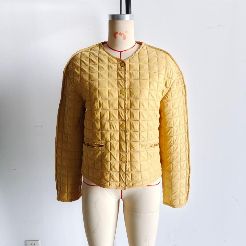 Womens Winter Plaid Cotton-Padded Coat Loose Fit Round Neck Long Sleeve Single Breasted Outerwear