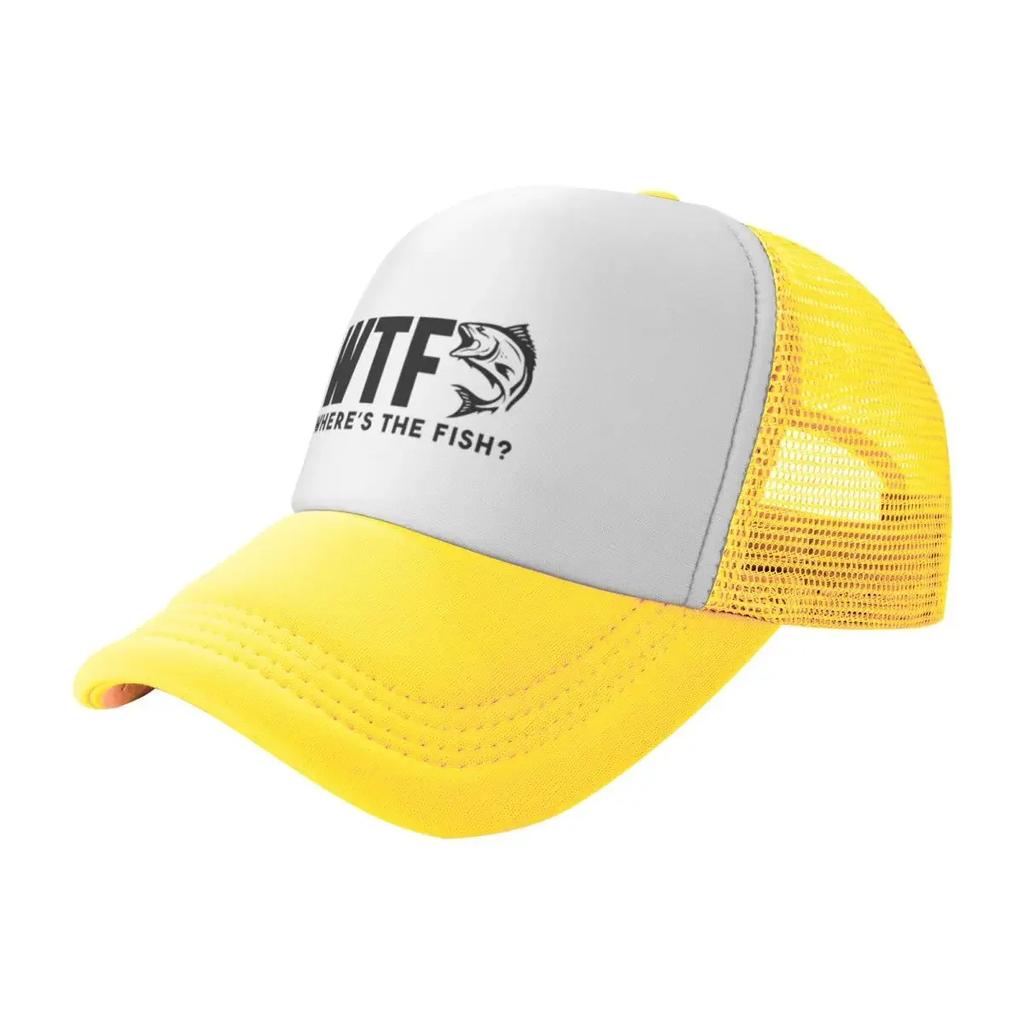 Black WTF Wheres The Fish Fisherman Camping Mesh Baseball Caps Men Unisex Female Beach Sun Hat Hip Hop Trucker Cap