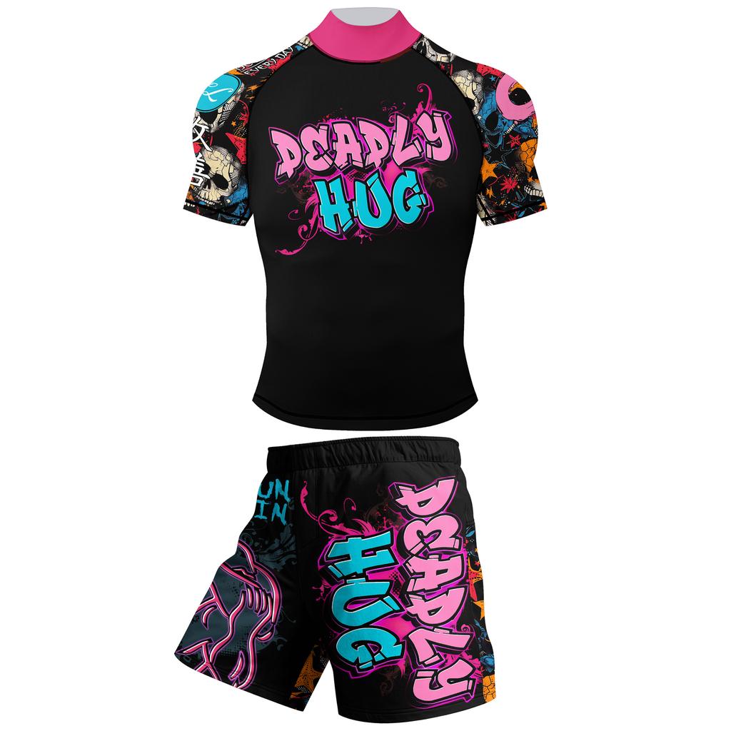 Cody Lundin Nye Designs Specialfremstillede Kortærmede Polyester Strækbare Rash Guards Shorts MMA BJJ Sæt Med Elastisk Linning