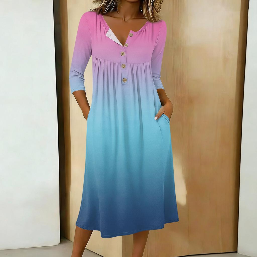 Women's Fashionable Color Printed Round Neck 3/4 Sleeve Button Collar Mid Length Casual Dress