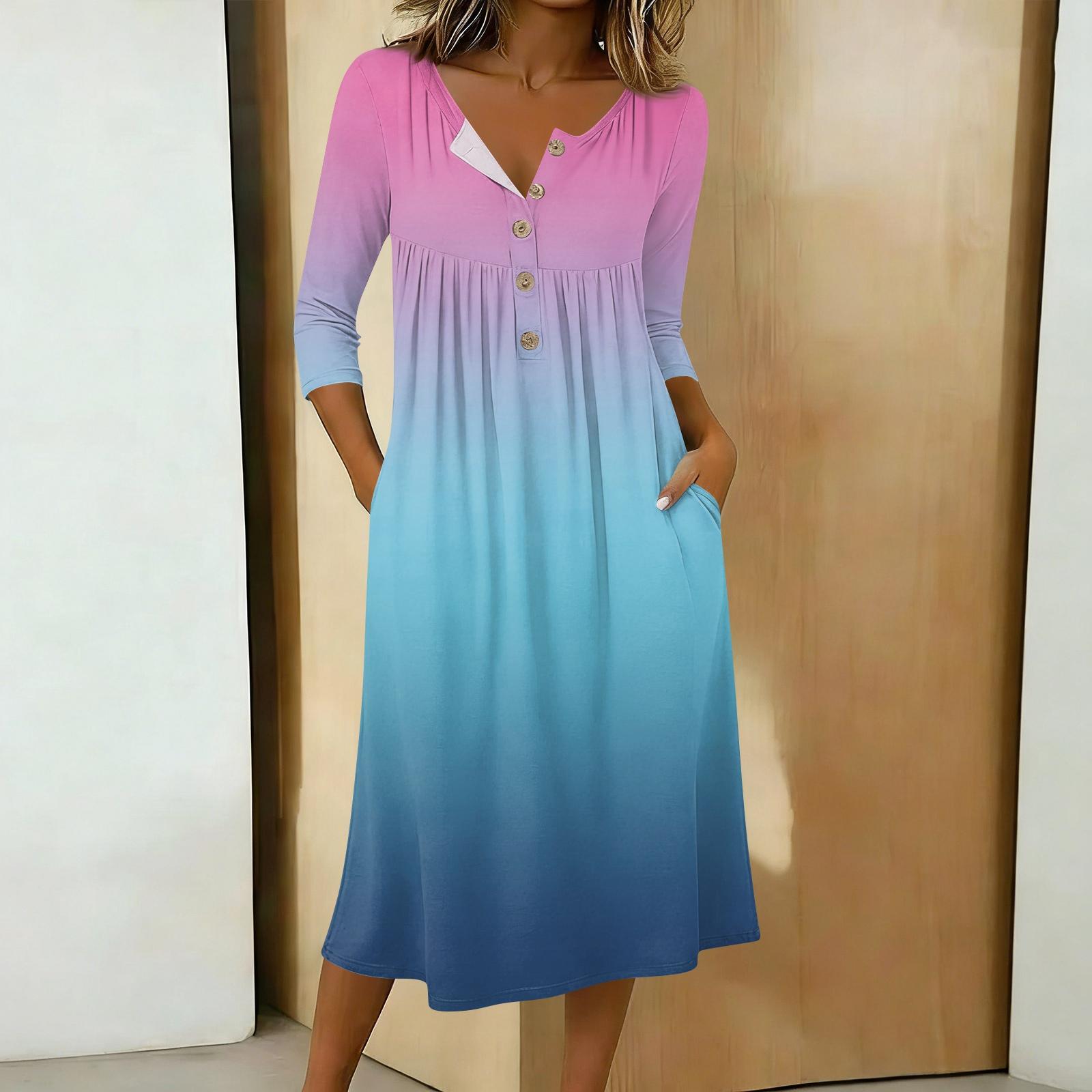 

Женское модное цветное платье с круглым вырезом, рукавом 3/4, воротником на пуговицах, средней длины, в повседневном стиле S