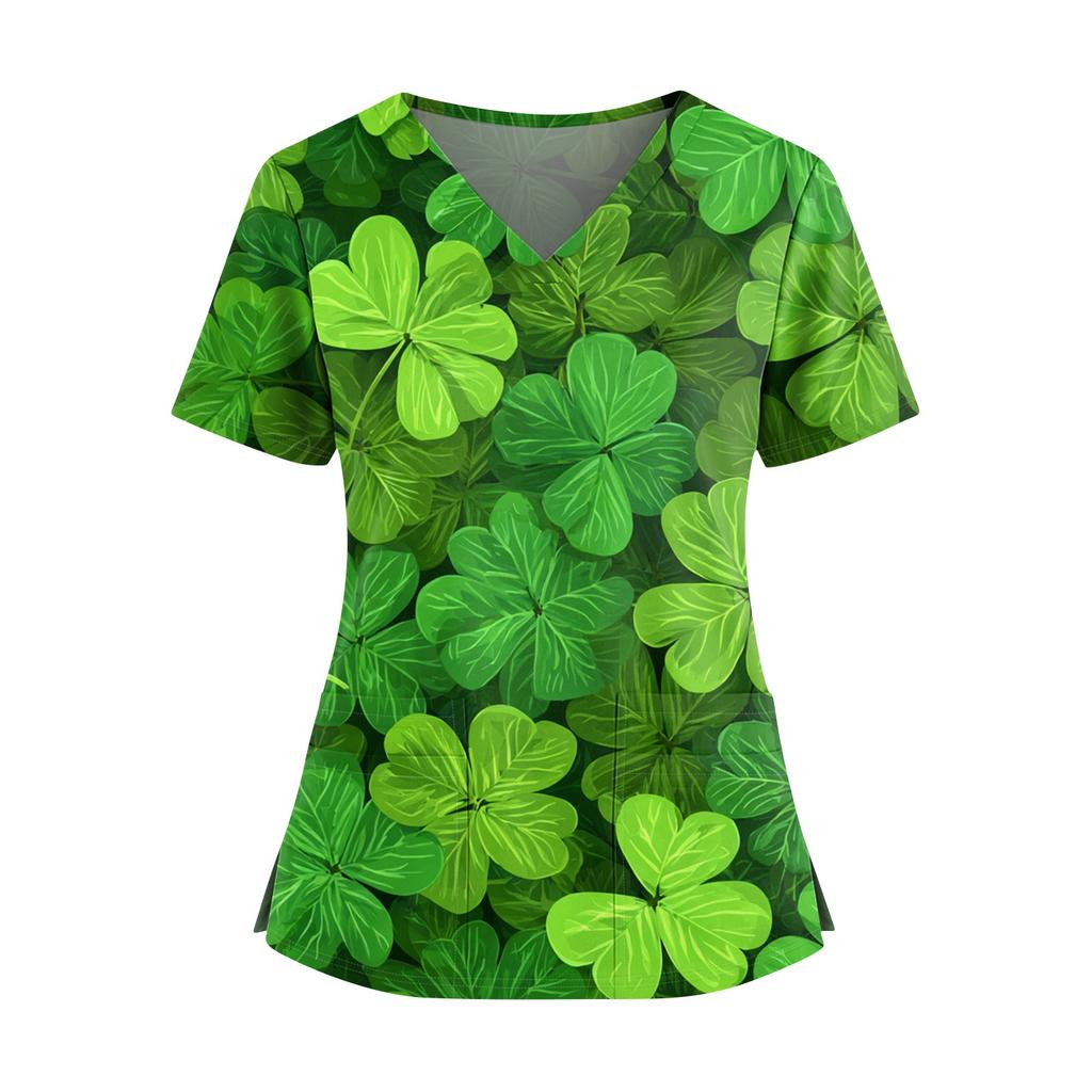 Frauen St. St. Patrick's Day Druck V-Ausschnitt Doppeltasche Kurzarm Uniform Oberteil mit geschlitztem Saum