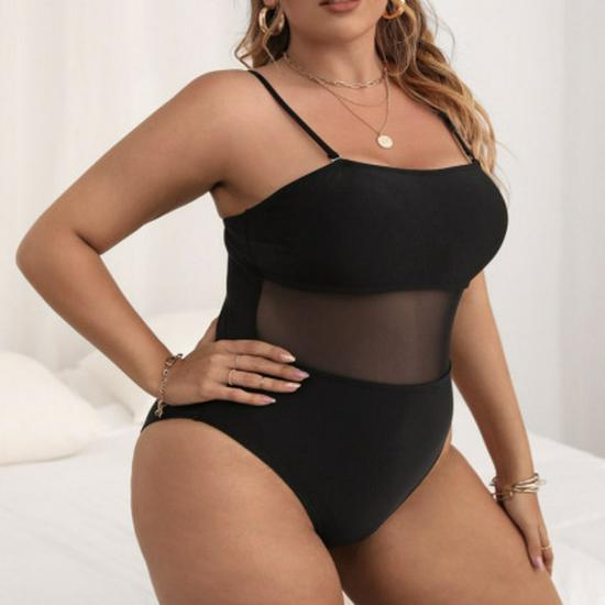 

European & American Style Women s Sexy One-Piece Swimsuit with Lace Patchwork - Plus Size Available 2XL чёрный