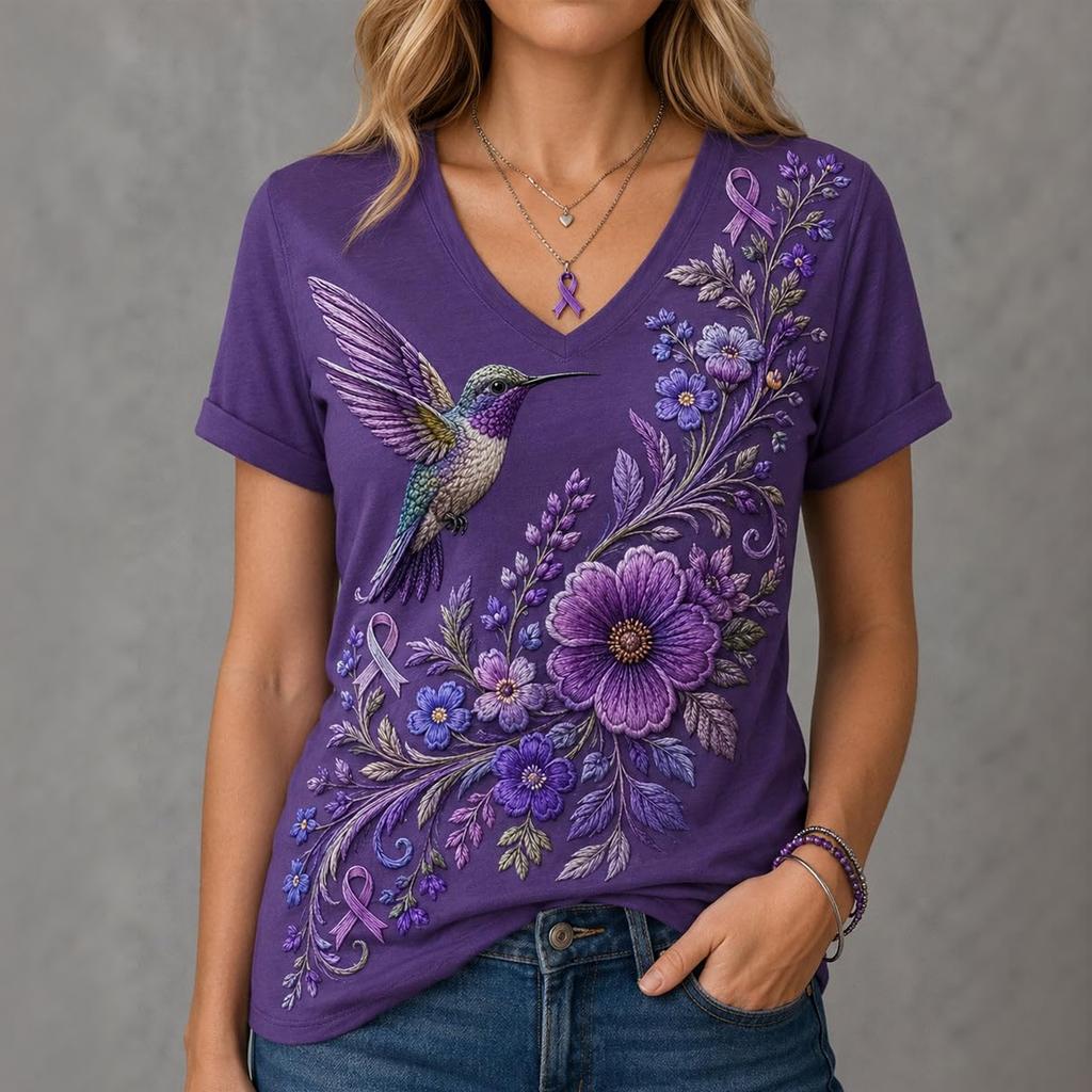 Women's 3D Print V-Neck Short Sleeve T-Shirt Loose Fit Casual Top