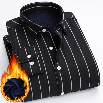 Winter Men's Warm Shirt Long Sleeve Cotton Fleece Thickened Casual Middle-aged Striped Shirt Top