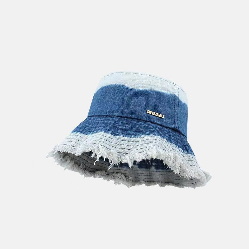 Contrasting color denim blue bucket hat men and women destroy the wind retro washing basin hat edging face bucket hat