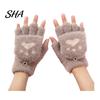 Cute Bear Paw Thermal Mittens Furry Cat Gloves, Flip Top Mitten with Button for Women, Winter Fluffy Plush Accessories Half Finger Gloves Print