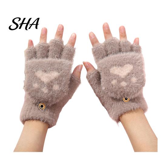 Cute Bear Paw Thermal Mittens Furry Cat Gloves, Flip Top Mitten with Button for Women, Winter Fluffy Plush Accessories Half Finger Gloves Print