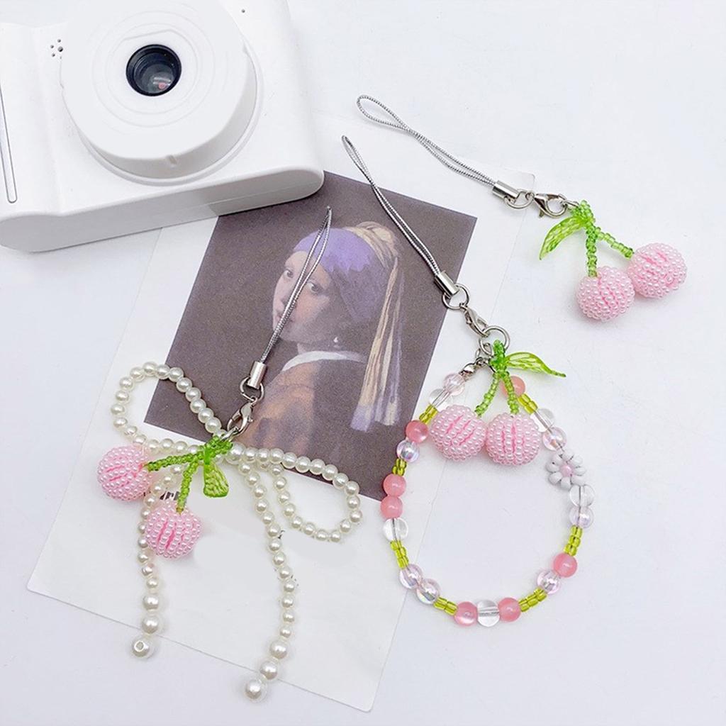 Fashion Beaded Cherry Pendant Phone Straps Lanyard Pocket Keychain Strap Backpack Charm Car Key Decoration Chain