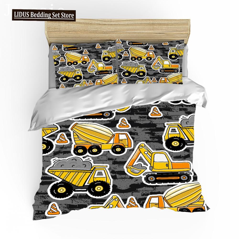 Cartoon Feuerwehrauto King Queen Bettwäscheset für Jungen Kinder Betonmischer Bettbezug Traktor Kran Bagger Polyester Quiltbezug