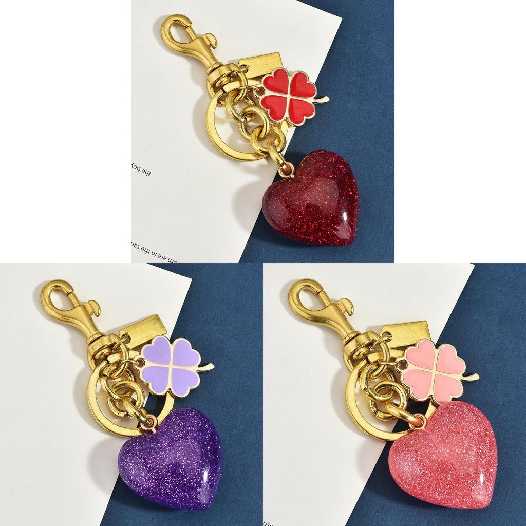 Love Heart Four Leaf Clover Keychain With Glitter Resin Metal For Fashion Bags And Gifts