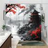 1pc Asian Cityscape Shower Curtain - Misty Pagodas, Red Tree & Bridge Design with Striking Red Accents, Durable Polyester Fabric
