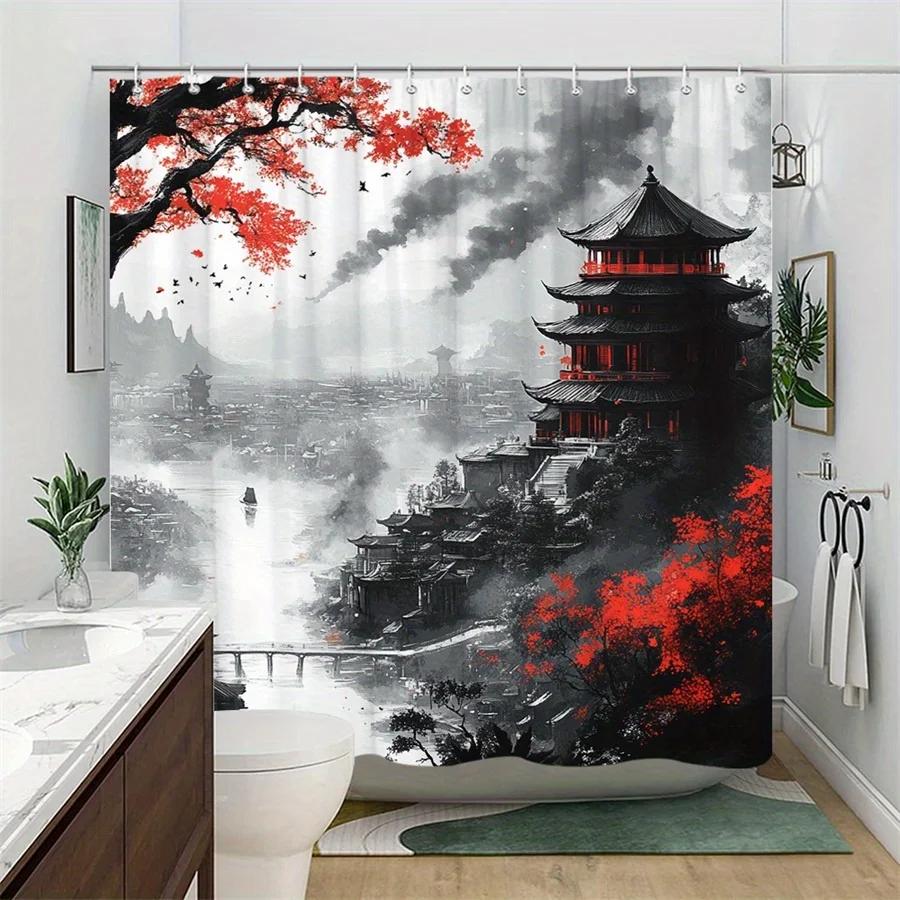 1pc Asian Cityscape Shower Curtain - Misty Pagodas, Red Tree & Bridge Design with Striking Red Accents, Durable Polyester Fabric