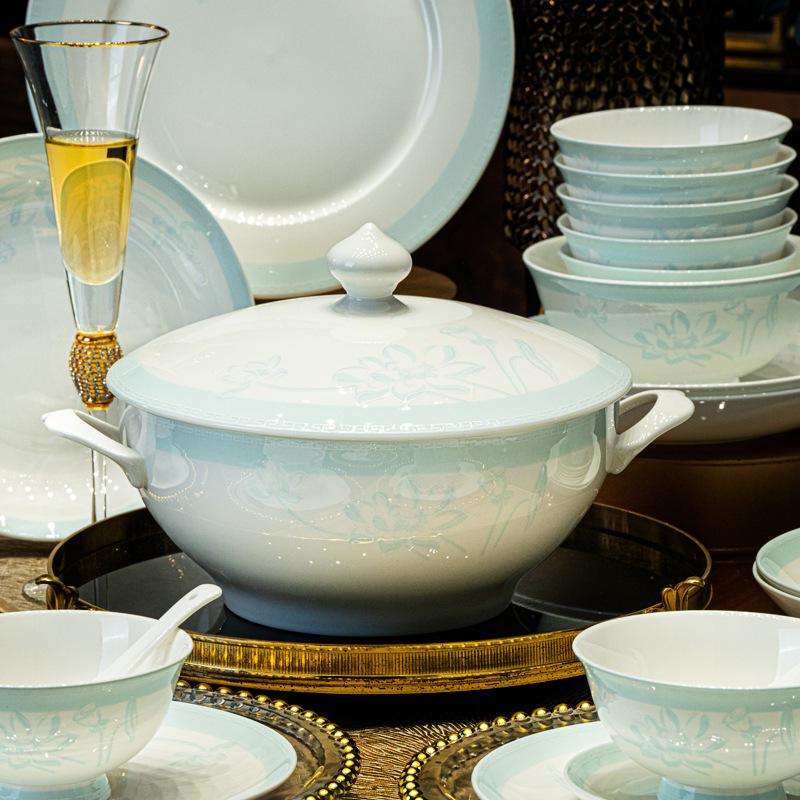 Tangshan Bone China Tableware Set: Underglaze Rice Bowls, Plates, Noodle & Soup Bowls, Chopsticks Combination.