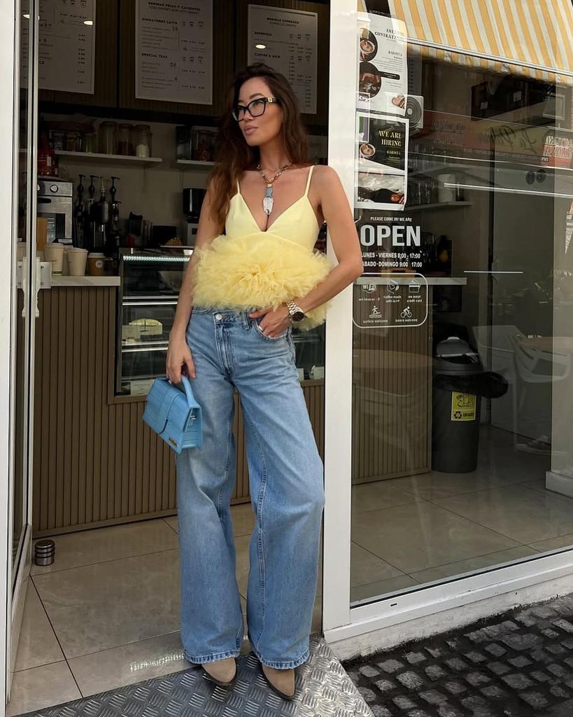 2025 Sommer Europäisches & Amerikanisches Seidennetz Spaghetti-Träger Tanktop – Damen Puffsaum Kurzes Top