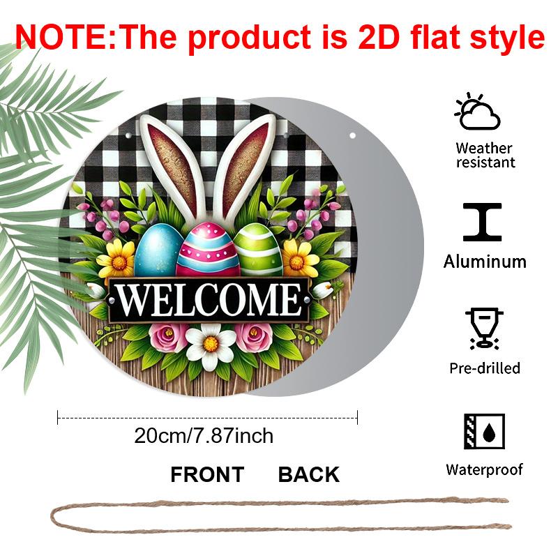 

2D Flat, 1pc Easter Bunny Ears Welcome Sign - Round 2D Printed Aluminum Metal Wall Decor with Colorful Easter Eggs & Flowers, 8x8 in, Easy To Hang 1pc
