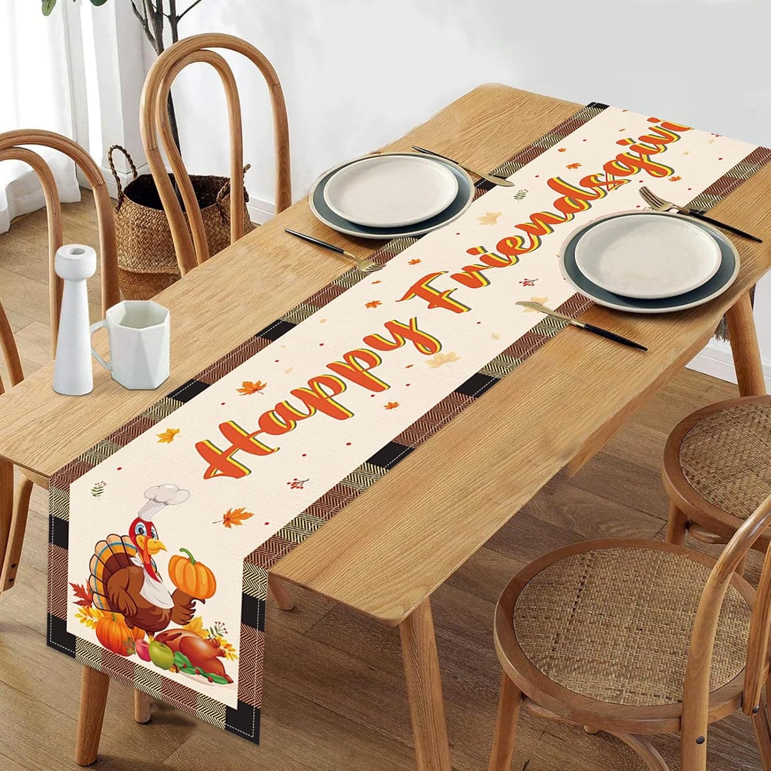 Friendsgiving Table Runner Friendsgiving Tablecloth 13x72in Long Linen Fall Turkey Maple Leaves Pumpkin Friends Giving Tables Runners for Indoor