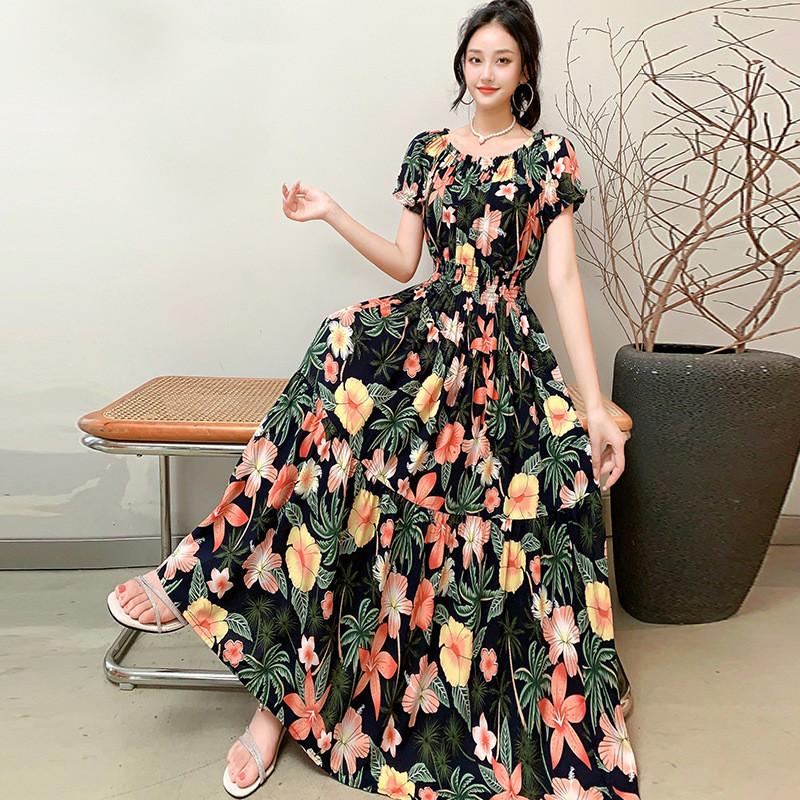 Bohemian Maxi Dress With Elastic Waist For Summer Beach Vacation And Artful Style